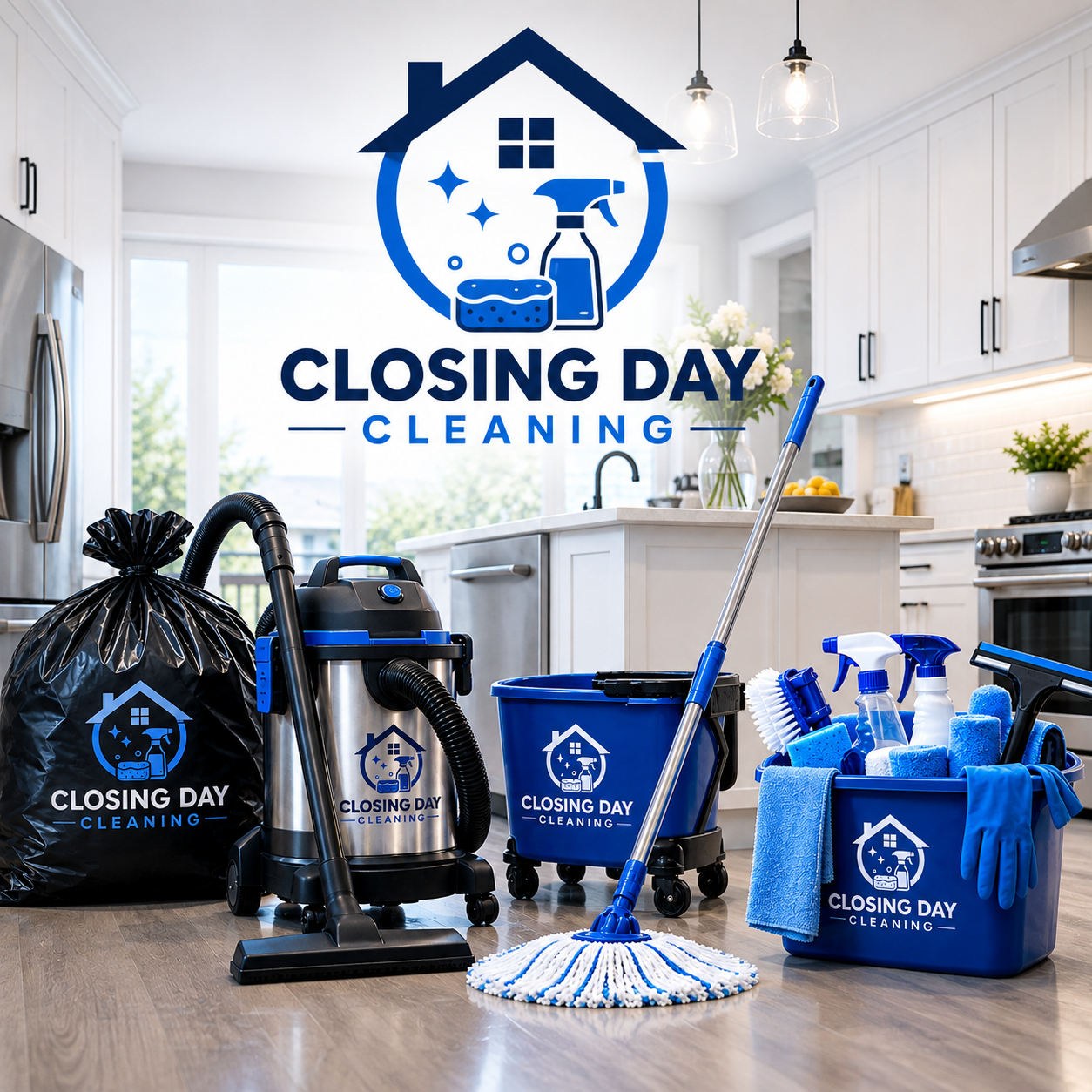 Closing Day Cleaning equipment and supplies in a spotless kitchen