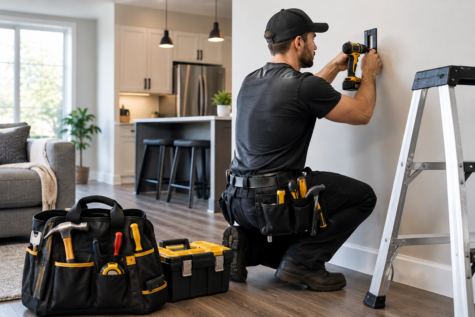 Handyman installing a wall bracket in a home