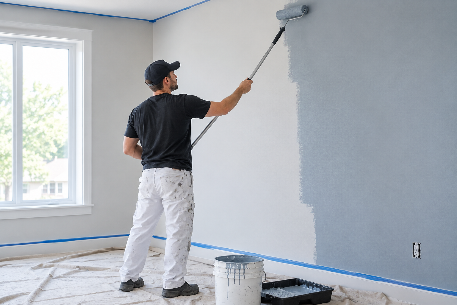Professional painter applying a fresh coat to an interior wall