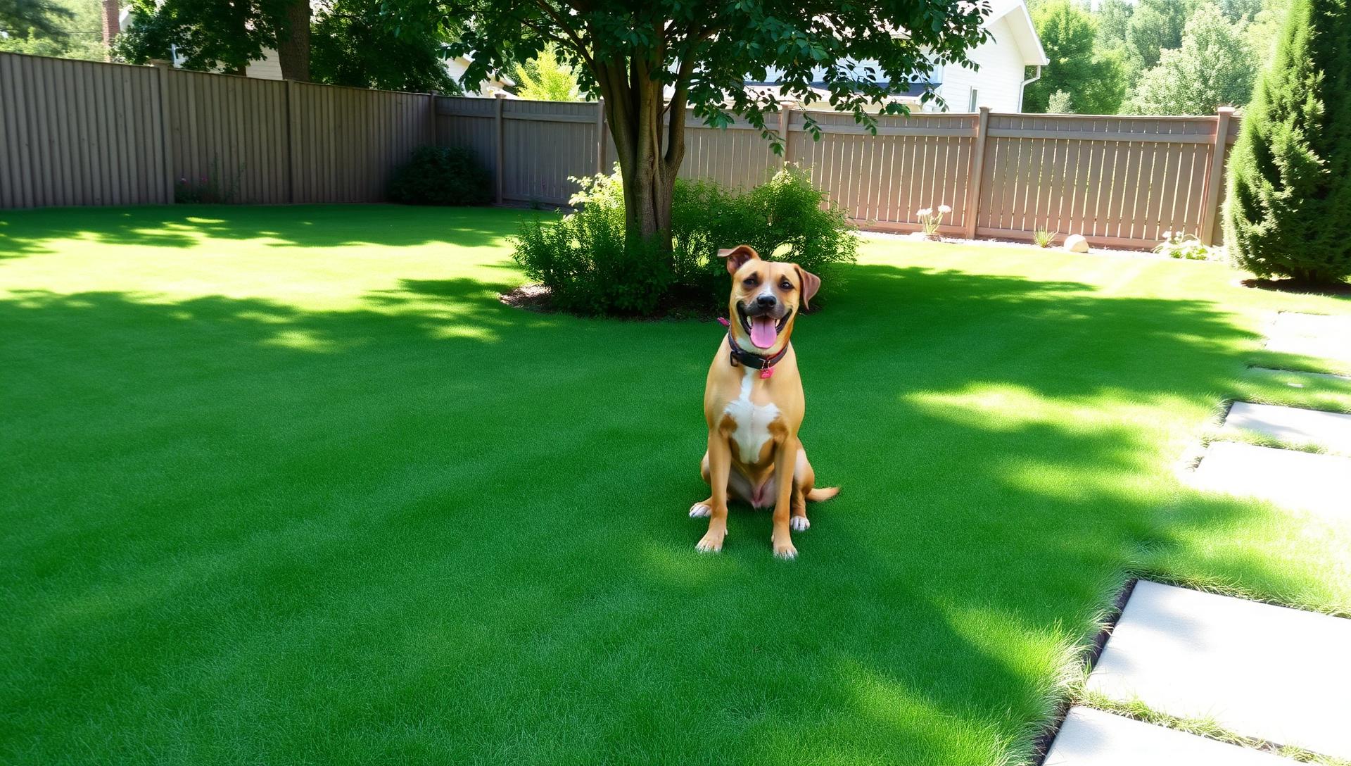 Clean green backyard lawn with a happy dog sitting in the shade